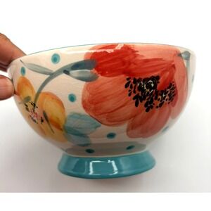 Set of 8 Pioneer bloom dots 6" turquoise footed stoneware vintage bloom excellen